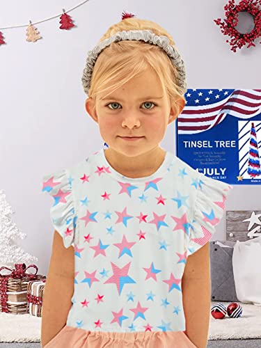 Image of Toddler Girls July 4th Shirts American Flag Ruffle Short Sleeve Patriotic Red White Blue Star Outfits Blouse Tops