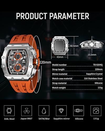 Image of TSAR BOMBA Men's Luxury Quartz Watch, Luminous Dial 5ATM Water Resistance Silicone Strap Men's Wristwatch Ideal Gift for Men