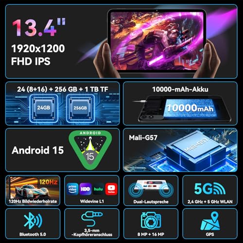 T60 Pro 13,4 Zoll Tablet mit Tastatur, Android 15→16 (OTA), 120Hz Display, 24GB RAM + 256GB ROM, 10000mAh, Widevine L1, Octa-Core Gaming Tablet für Studium,Arbeit,inkl. Stift & Maus, 4 Jahre Garantie 2