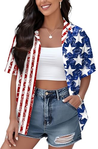 Image of Ithalt 4th of July Hawaiian Shirts Women American Flag Patriotic Short Sleeve Button Down Outfits Summer Vacation Tops