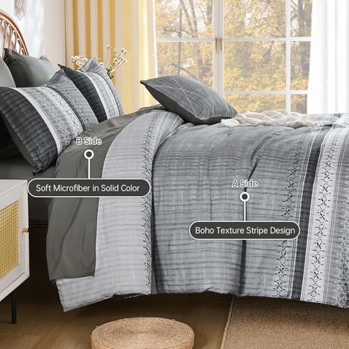 Image of Dintszyayue Grey King Comforter Size Set, 8 Pieces Striped Texture Bed in a Bag Bedding Sets, Lightweight Soft Comforter and Sheet Set, All Season Microfiber Teen Boys Bedding Sets for Men Women
