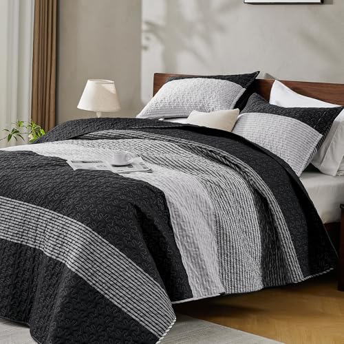 Image of Andency Oversized Queen Quilt Bedding Set, 98x98Inch Black White Stripe Bedspread Coverlet 3 Pieces, Soft Lightweight Grey Patchwork Quilted Bed Set for All Season (1 Quilt, 2 Pillowcases)