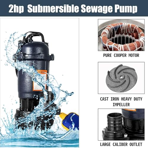 Sewage Pump,2HP 110V Submersible Sump Pump,6498GPH Cast Iron Effluent Pump 1500w with Automatic Float Switch,26ft Hose and 2pc NPT connectors for Sewage Basin,Basement (with 26FT Hose) - Thumbnail 2