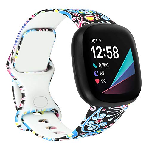 honecumi Floral Versa 3 Bands Replacement for Fitbit Sense / Fitbit Versa 3 Smart Watch Band Strap for Men Women Colorful Pattern Elastic Silicone Waterproof Sport Wristband Accessories- Large Wrist