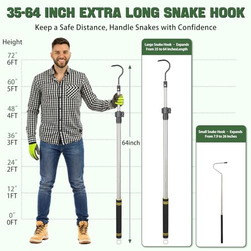 Image of 2pcs Snake Hook Set, Telescopic Snake Catcher Stainless Steel Snake Handling Tool for Moving Ball Rattlesnakes Python Copperhead with Long Handle (35-64inch&26inch)