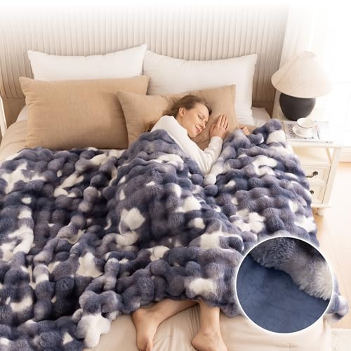 Cozy Faux Fur Throw Blanket for Bed Warm Fuzzy Throw Blanket, Soft Plush Thick Bubble Blankets for Bedroom and Living Room, Furry Luxury Blanket, 90 x 90,Tie-Dye Blue