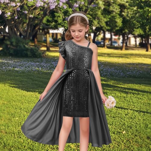 LQSZ Girls Sequin Dress Ruffled Sleeve Toddler Tulle Sparkly Formal Pageant Prom Party Dresses 3-14 Years4