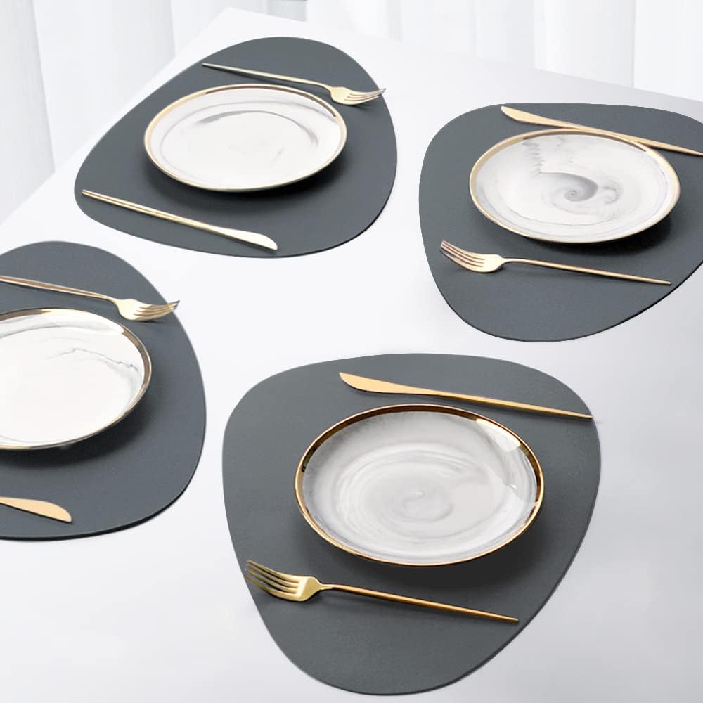 4Pack Faux Leather Placemats Set, Round Gray PU Dinning Table Mats, Wipeable Easy to Clean Stain Resistant Heat Resistant Waterproof Place Mats Durable Plate Mats for Table Nordic Style (Grey)