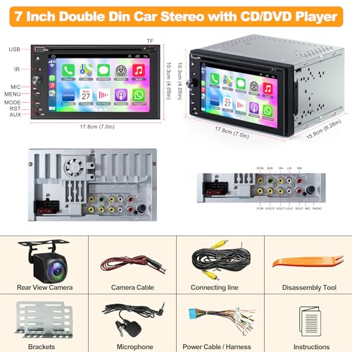 Image of Double Din Car Stereo with CD /DVD Player Apple Carplay & Android Auto, 7 Inch Car Radio with Bluetooth and Backup Camera, Touch Screen, Mirror Link, Steering Wheel Control, USB /TF /AUX Input, AM /FM