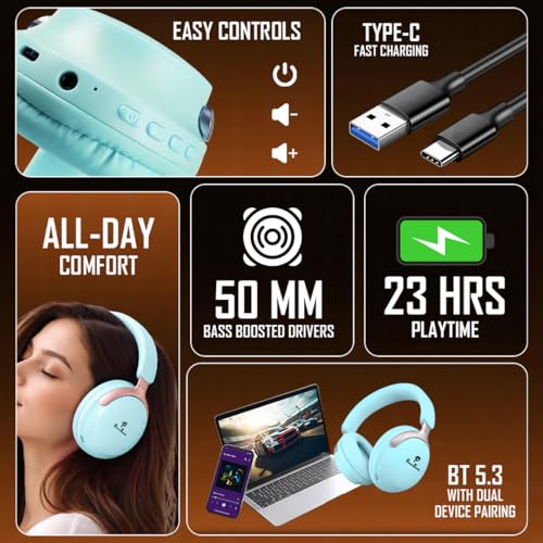 Image of PunnkFunnk Wireless Over-Ear Bluetooth Headphones - Deep Bass, Noise Isolation, Soft Cushioned Earcups, Foldable Lightweight Design, HD Mic for Gaming, Music & Calls (Blue)