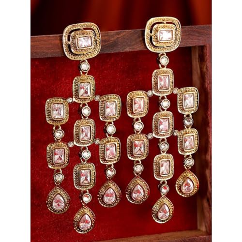Image of Rubans 22K Gold-Plated /Rhodium-Plated Chandelier Earrings - Cubic Zirconia Studded Antique Traditional Chandelier Earrings for Womens & Girls