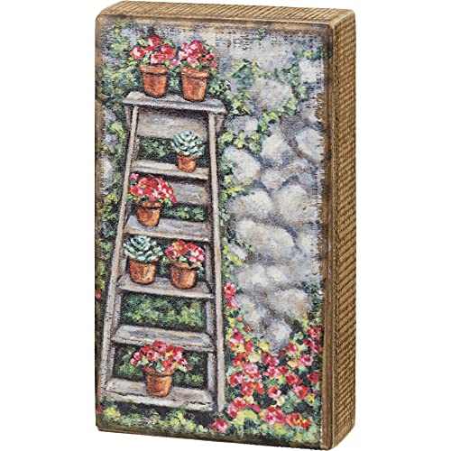 Colorful Garden Ladder with Flower Pots Decorative Wooden Box Sign 4.5 Inch x 8 Inch