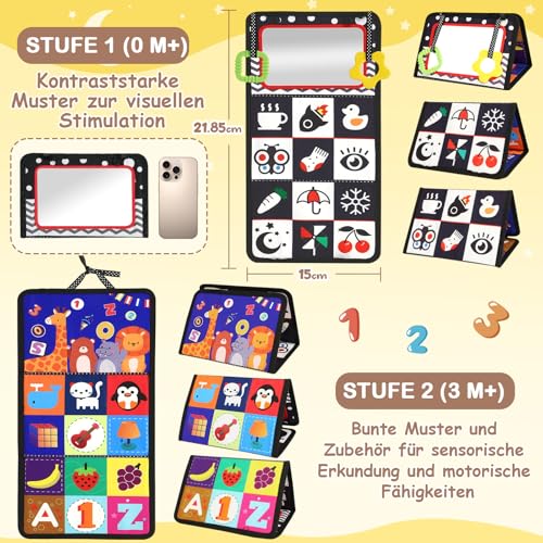 URMYWO Baby Spielzeug ab 3 Monate, babyspiegel mit Knisterbuch, Schwarz Weiss bauchlage Spielzeug Baby 0 3 6 9 Monate, kontrastbuch… – Ansicht 2