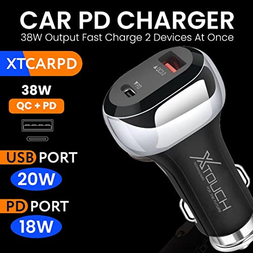 Image of XTOUCH 38W Fast Car Charger Adapter with Dual Output. Quick Charge, Type C PD 20W & Qualcomm Certified 3.0 18W with Type-A to C Cable (Black)