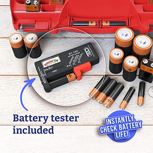 Image of Battery Organizer Storage Case with Tester, Holds 180 Batteries, Clear Hinged Cover, Locking Lid - For AA, AAA, C, D and More, Red