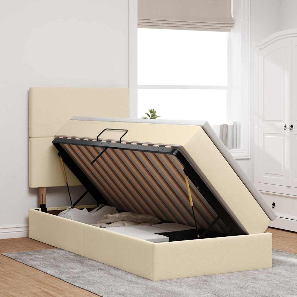 Cama de almacenamiento LED con colchón color crema, 90 x 190 cm, tela de madera, cama de almacenamiento con cabecero ajustable y tira LED para dormitorio, comodidad, estructura de madera