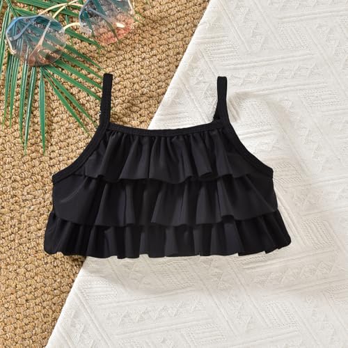 Image of HINTINA Toddler Girl Swimsuit Tiered Ruffle Bathing Suit 2 Piece Bikini Set with Cover Up Skirt