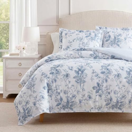Image of Martha Stewart - Twin Comforter Set, 100% Silky Smooth Cotton Sateen Floral Bedding for Year Round Comfort, 2 Piece Bed Set with Matching Pillowcase (Songbird Blue)