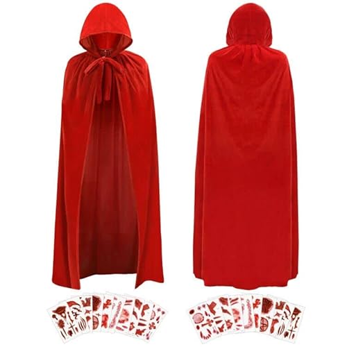Capa de Halloween con capucha de longitud completa, disfraz de Halloween con 10 pegatinas de tatuajes de Halloween para hombres y mujeres, disfraz de cosplay de Navidad de 70 pulgadas Cover