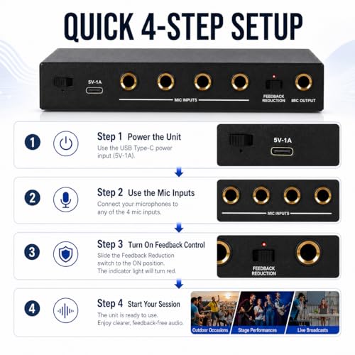 Supresor Profesional de Retroalimentación TsoLay Mini, 4 entradas y 1 salida, para micrófono, antirretroalimentación automática, sonido claro, para escenarios, iglesias y uso doméstico miniatura 5