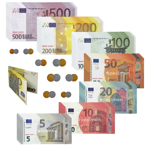 245 Billetes Falsos tamaño Original(7 denominaciones) y 32 Monedas de plástico(16 Tipos) y cartera con diseño de 200 euros，para caja registradora juguetes escuelas Eventos Las Monedas Juguete Roleplay
