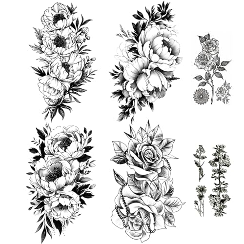 Yesallwas 6 Foglie di Fiori Tatuaggio Temporaneo per Le Donne Nere Manicotti Tatuaggio Temporaneo Trasferimento Acqua Etichetta Tatuaggio Peonia Rosa Tatuaggio Ragazza Sexy Braccio Tatuaggio Body Art