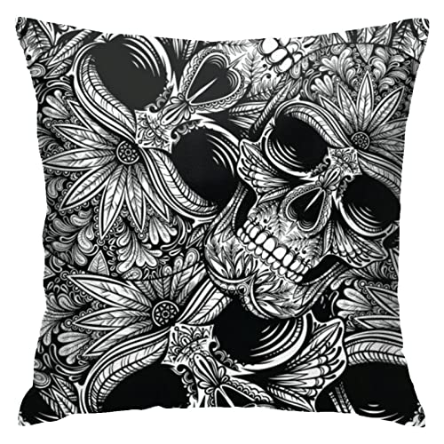 Housse de Coussin décorative Blanche et Noire à Motif tête de Mort, 45 x 45 cm, Douce et Originale, idéale comme Cadeau de Pendaison de crémaillère ou pour Un Banc.