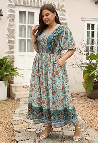 Image of Nemidor Womens Plus Size Maxi Dress Summer Boho Sundress Floral Print Flared Casual Long Dresses with Pocket