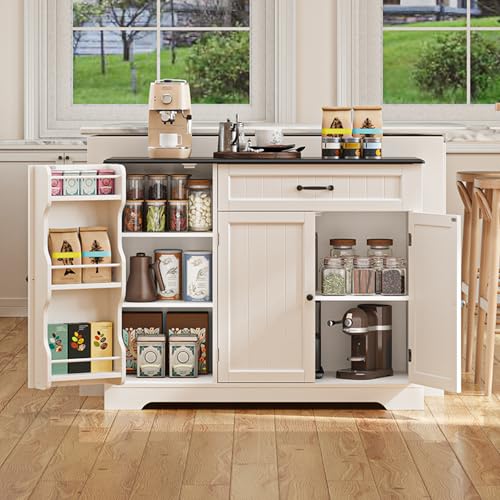 Gizoon Kitchen Coffee Bar Cabinet with Storage Kitchen Sideboard Buffet Cabinet with Drawers, Short Pantry with Door and Shelves for Bathroom and Living Room, White and Black