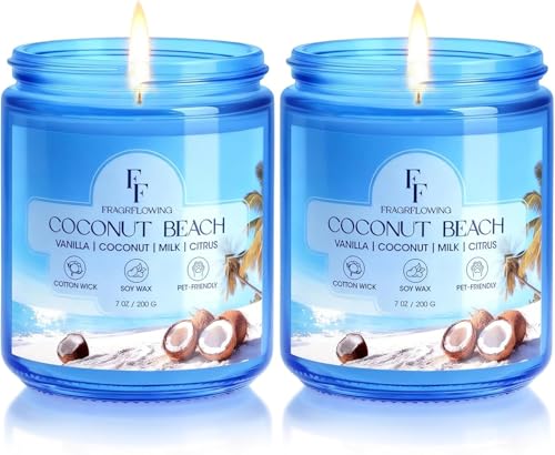 Coconut Beach Scented Candle Natural Soy Wax Jar Candle for Home Scented 100-Hour Burn Time Gifts for Women Men 7 oz (2 Pack)