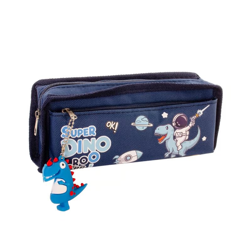 Generic Estojo Escolar Super Dino Azul 2 Compartimentos E Chaveiro 20x9x6cm