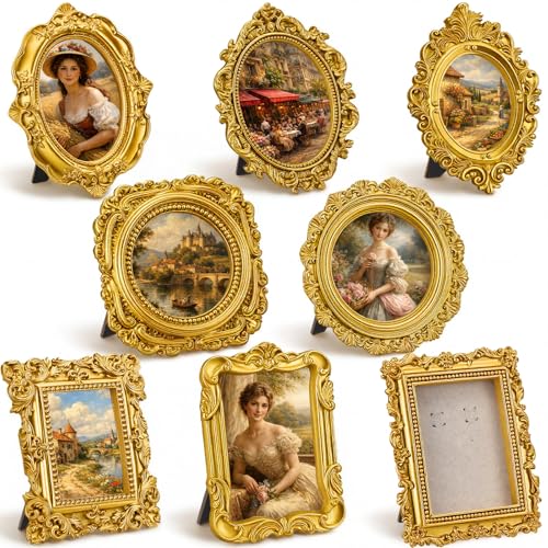 Qunclay 8 Pcs Vintage Picture Frames Set Gold Tiny Picture Frames Wallet Size Baroque Antique Resin Photo Decor for Valentines Day Wedding Party Tabletop Home Decor(Mixed Style 2)