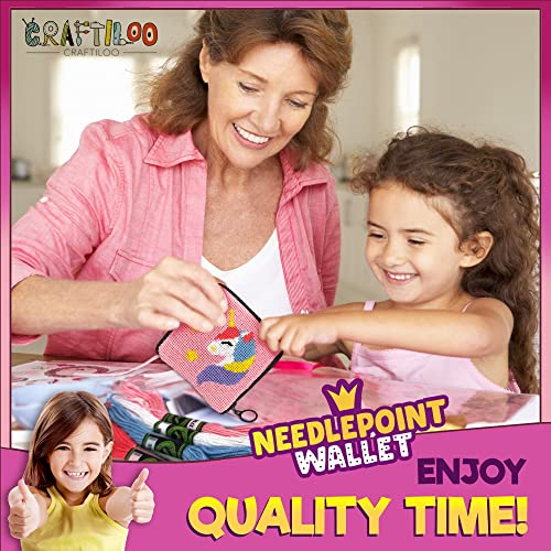 Pre Printed Needlepoint Wallet Kit for Kids Embroidery Arts and Crafts Set Cross Stitch Sewing Latch Hook Kit (Unicorn)