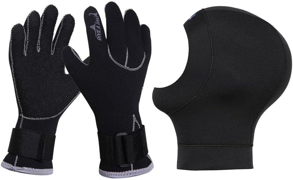 3MM Neoprene Diving Hood Gloves Set Warmth & ion, Snorkeling Scuba Dive Wetsuit Hat Gloves Combo for Men Women Surfing Watersports - M