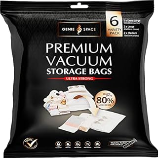 GENIE SPACE - Incredibly Strong Premium Space Saving Vacuum Bags Storage | Variety 6 Pack (2XL+2L+2M) | Airtight & Reusable | Create 80% more space | For Clothes, Towels, Bedding, Duvets and more.