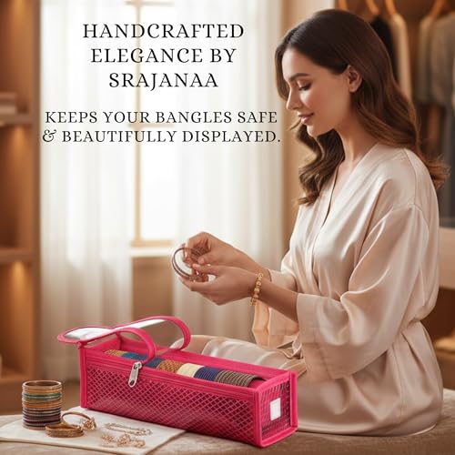 Image of Single Rod Bangle Box for Women | Removable Hardboard Chudi Organizer with Transparent Lid | Jewellery & Watch Storage Case for Home, Wedding & Travel | (Set of 14) (Pink)