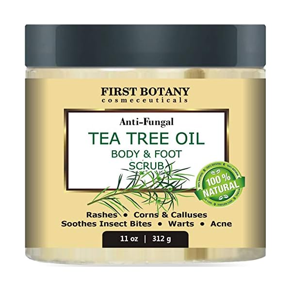 100-Natural-Tea-Tree-Oil-Body-Foot-Scrub-with-Dead-Sea-Salt-Best-for-Acne-Dandruff-and-Warts-Helps-with-Corns-Calluses-Athlete-foot-Jock-Itch-Body-Odor-11-oz First Botany Cosmeceuticals, 100% Natural Tea Tree Oil Body & Foot Scrub with Salt - Best for Acne, Dandruff and Warts, Helps with Corns, Calluses, Athlete foot, Jock Itch & Body Odor