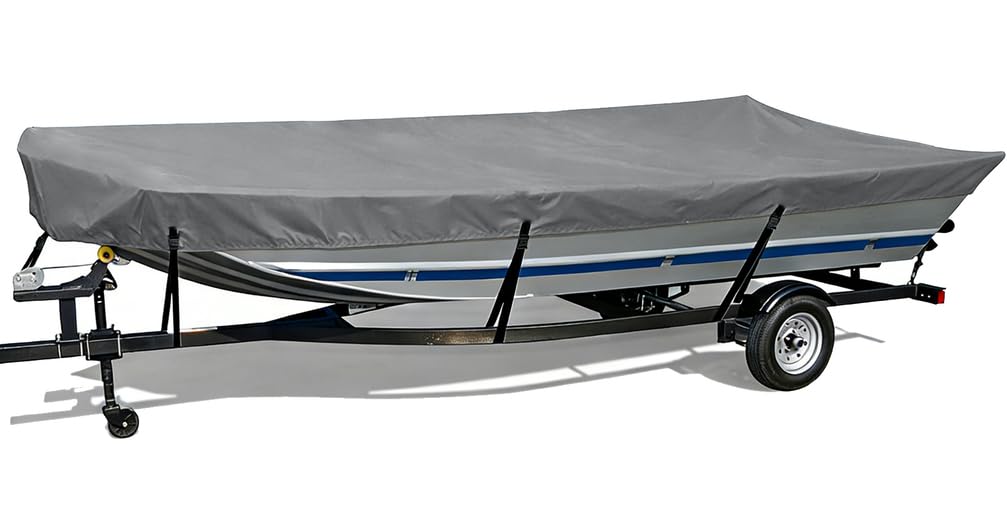 Housse de Bateau Jon 420D - Bâche pour Bateau à Fond Plat UV-Protection Imperméable & Antivent,Gris,12~14FT: 470cm x 210cm