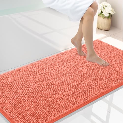 Smiry Luxury Chenille Bathroom Rugs 44x24, Extra Soft and Absorbent Shaggy Bath Mat, Machine Washable, Non-Slip Plush Carpet Runner for Tub, Shower, and Floor, Home Decor Accessories, Coral