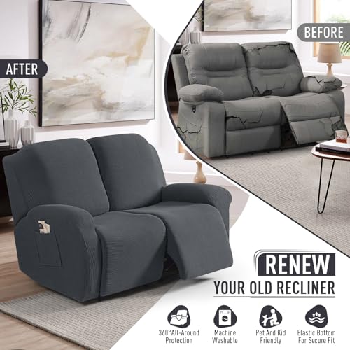 Image of TAOCOCO Recliner Loveseat Slipcover, 6 Pieces Dual Recliner Sofa Covers for 2 Seat Dual Reclining Loveseat Couch, Stretch Soft Jacquard Pattern Furniture Protector with Elasticity (Charcoal Grey)