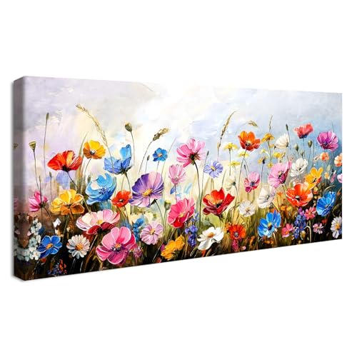 Cadre en Bois Impression sur Toile Fleurs Marguerites Bleu Ciel Tableau Peinture Poster Mural Fleur Colorée de la Mer Image sur Toile Grande Tableau...