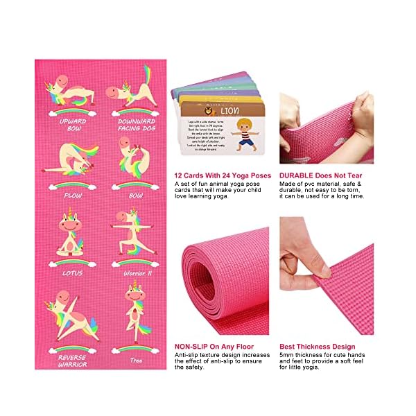 Garybank Kids Yoga Mat Set - Non-slip Exercise Mats with Fun Prints - 12 Yoga Cards - Carrier Bag - Odor Free Non-Toxic, Cute Yoga Mat for Girls & Boys (60 X 24 X 0.2 Inch) - Image 3