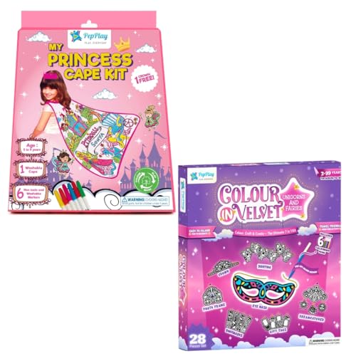 Image of PepPlay Unicorn Princess Combo for Girls, Colour-in Velvet Unicorns and Fairies + Washable Princess Cape Kit, Mess-Free Reusable Art and Craft Activity Toy, Summer, Birthday Gift for Girls Age 3 to 10