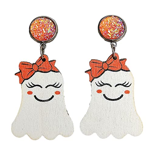 Halloween Cute Ghost Pumpkin Wooden Resin Acrylic Dangle Earrings Cartoon Ghost Print Halloween Wood Acrylic Earrings for Women Jewelry