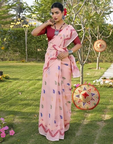 Image of SIRIL Women's Cotton Linen Mekhela Chador Printed Saree with Unstitched Blouse Piece