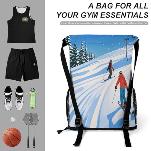 Waterproof Drawstring Gym Backpack with Shoe Compartment & Wet-Proof Pocket - Lightweight 28L Winter Sports Ski Theme Sports Backpack Travel Workout String Bag for Yoga Swim3