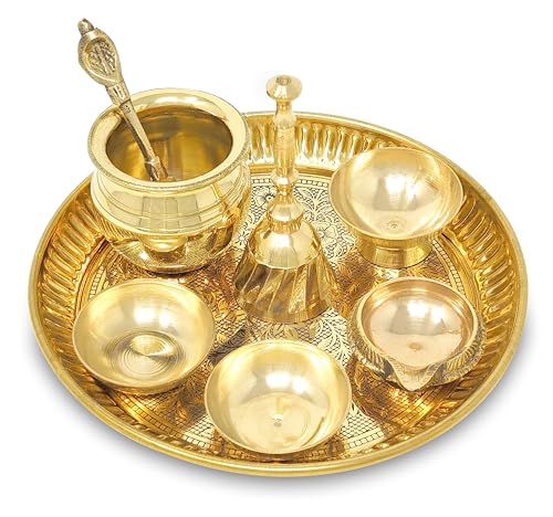 BENGALEN Brass Pooja Thali Set Small 6 Inch Puja Thali with Pital Plate Chandan Wati Kalash Kuber Diya Ghanti Palli Arti Thali for Diwali Home Office Mandir Wedding Return Gift Items