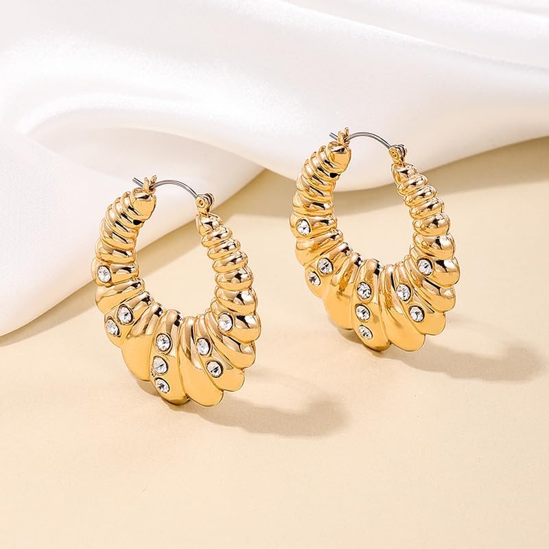 Chunky Gold Hoop Earrings, Geometric Teardrop Design with Rhinestone Accents, Lightweight Fashion Statement Jewelry for Women - Image 4