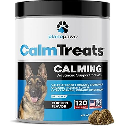 Calm Treats - Safe Calming Treats for Dogs - Dog Anxiety Relief - Calming Aid - May Help with Separation Anxiety - Motion Sickness - Storms - Fireworks - Chewing - Barking - Stress - 120 Count Cover