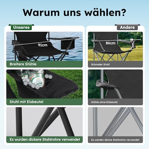 HIGH POINT SPORTS 2er Set Klappstuhl Campingstuhl Faltstuhl Komfortable Anglerstuhl mit Getränkehalter & Kühlfach, bis 120Kg Belastbar, Anglersessel klappbar Gartenstuhl Faltstuhl Relaxsessel, Schwarz